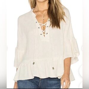 FRYE Lace Up Sheer Ruffle Top in Cream Women’s‎ Size Large